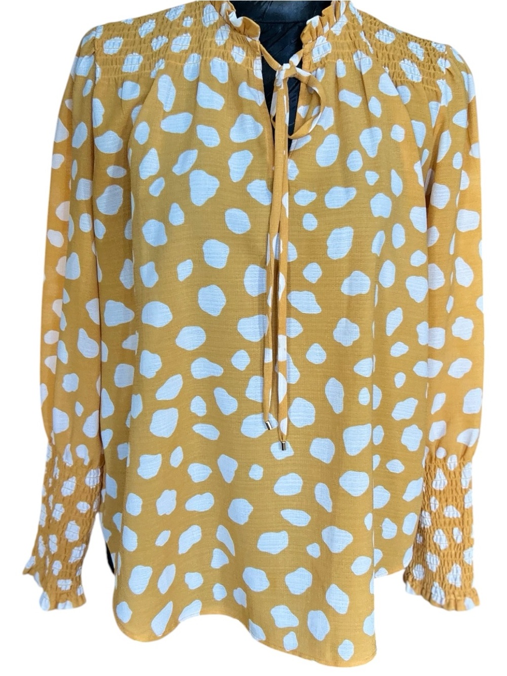 Ann Taylor XS Mustard Animal Print Tie Neck Blouse